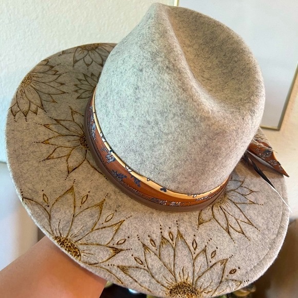 Custom Burned Lack of Color Mandala Sunflower Fedora - Picture 2 of 12